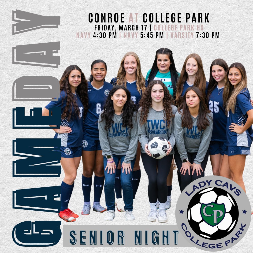 Come out and support Lady Cavs Soccer at their last district home game as they take on Conroe!  

Plus, it’s Senior Night (celebration of our seniors starts at 7PM) 🎓💚💙

#ladycavssoccer #gocp