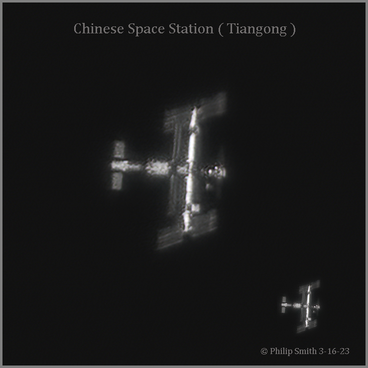 I imaged the Chinese Space Station ( Tiangong ) on 3-16-23 with a maximum altitude of 81° at 08:15:36 EST.  Seeing conditions was "POOR" at the time of this pass from my Manorville NY Observatory.  Kind Regards To ALL 🙂