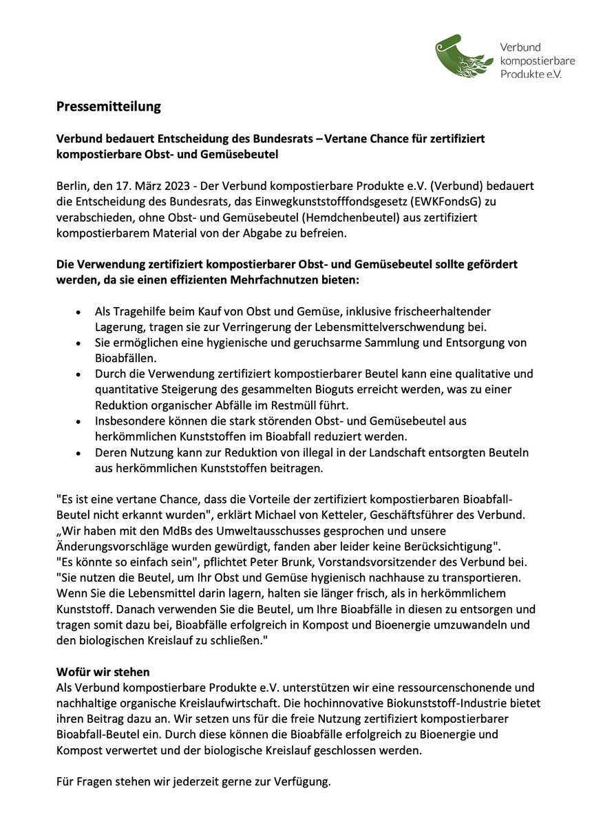 Wir bedauern sehr, dass zertifiziert kompostierbare Obst- und Gemüsebeutel nicht von der #Sonderabgabe im Rahmen des Einwegkunststofffondsgesetzes befreit wurden. Die zahlreichen #Vorteile, die diese Beutel in der #Kaskadennutzung bieten, wurden offenbar nicht erkannt.