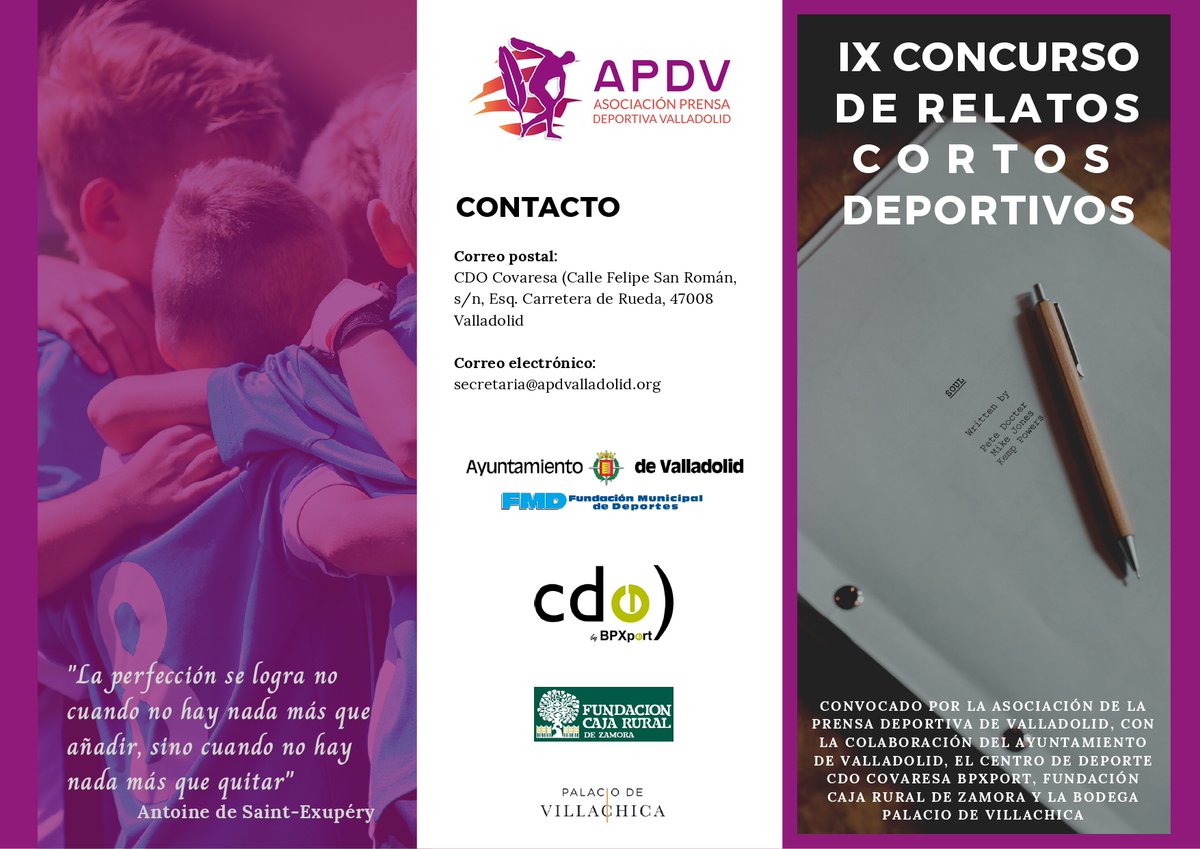 APDValladolid's tweet photo. 📖Vuelve el Certamen de Relatos Cortos Deportivos en su novena edición. 
➡️ Abierto el plazo de presentación de los trabajos hasta el 23 de septiembre. 
➡️Mayores de 18 años
➡️Premios económicos https://t.co/lCrCfI9TkV