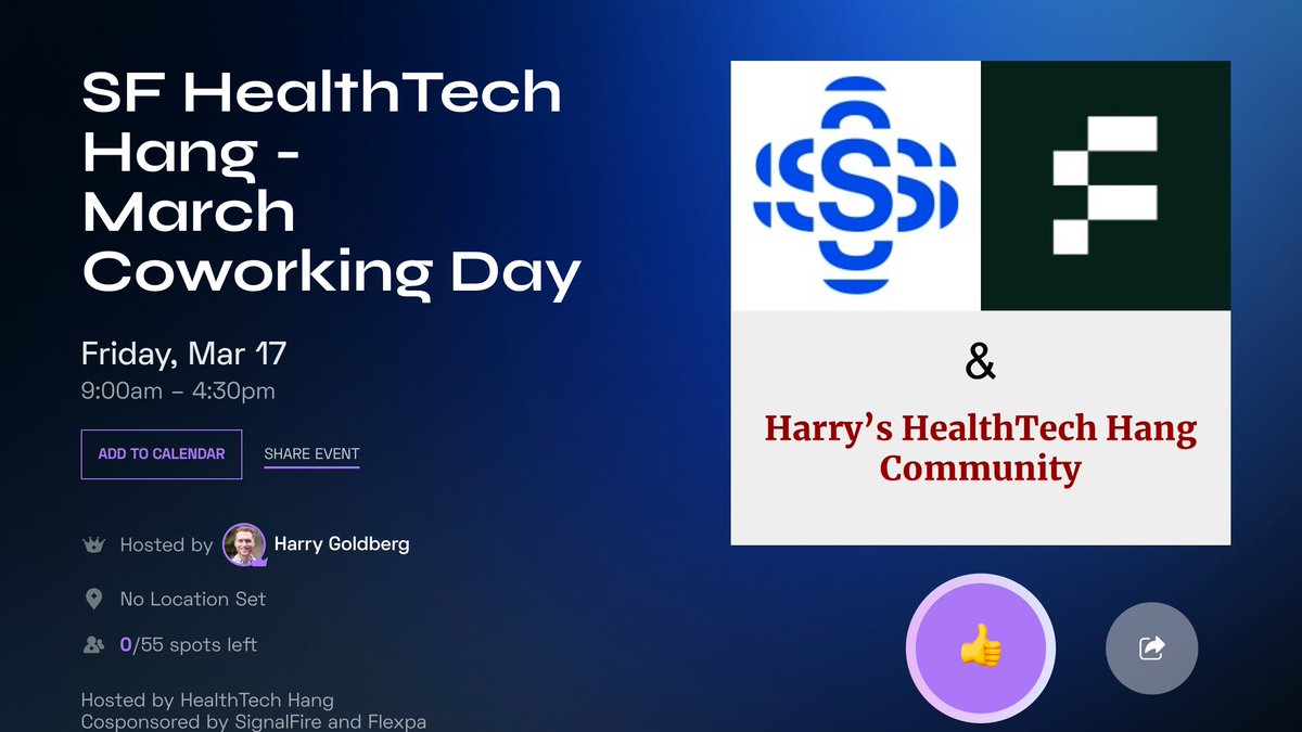 today is another awesome healthtech coworking day in san francisco! <a href="/harrycgoldberg/">Harry Goldberg</a> worked his magic and 55 healthtech people are coming together to hang and work
<a href="/flexpa/">Flexpa</a> is sponsoring lunch, and <a href="/signalfire/">SignalFire</a> is hosting. open invite happy hour ☘️ after! ⤵️
partiful.com/e/utELeNmWfw7Y…