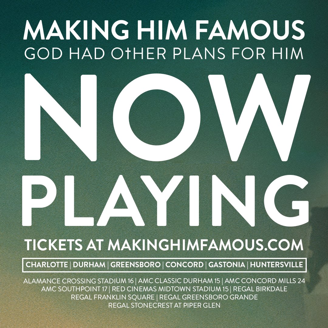 CorneliusMuller's tweet photo. NOW PLAYING ▶️ North Carolina! #MakingHimFamous is now playing in select theaters across the state. We're so excited to share this story with you, check https://t.co/QAWwMVk0Oy to find showings near you in Charlotte, Durham, Greensboro, and more https://t.co/YKjkPPjaiy