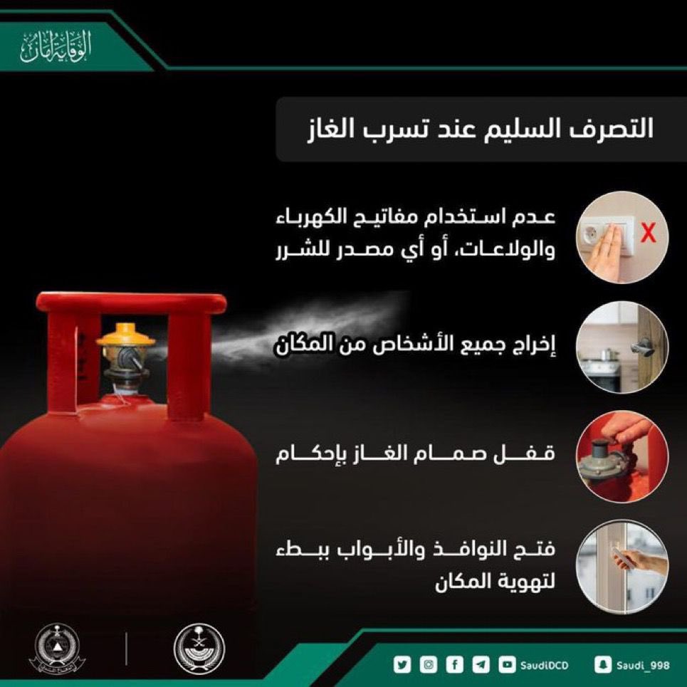 SaudiDCD's tweet photo. #لسلامتك  ..  
تعرّف على التصرف السلیم عند تسرب الغاز.   

#الوقایة_أمان https://t.co/o1EeLDsJmy