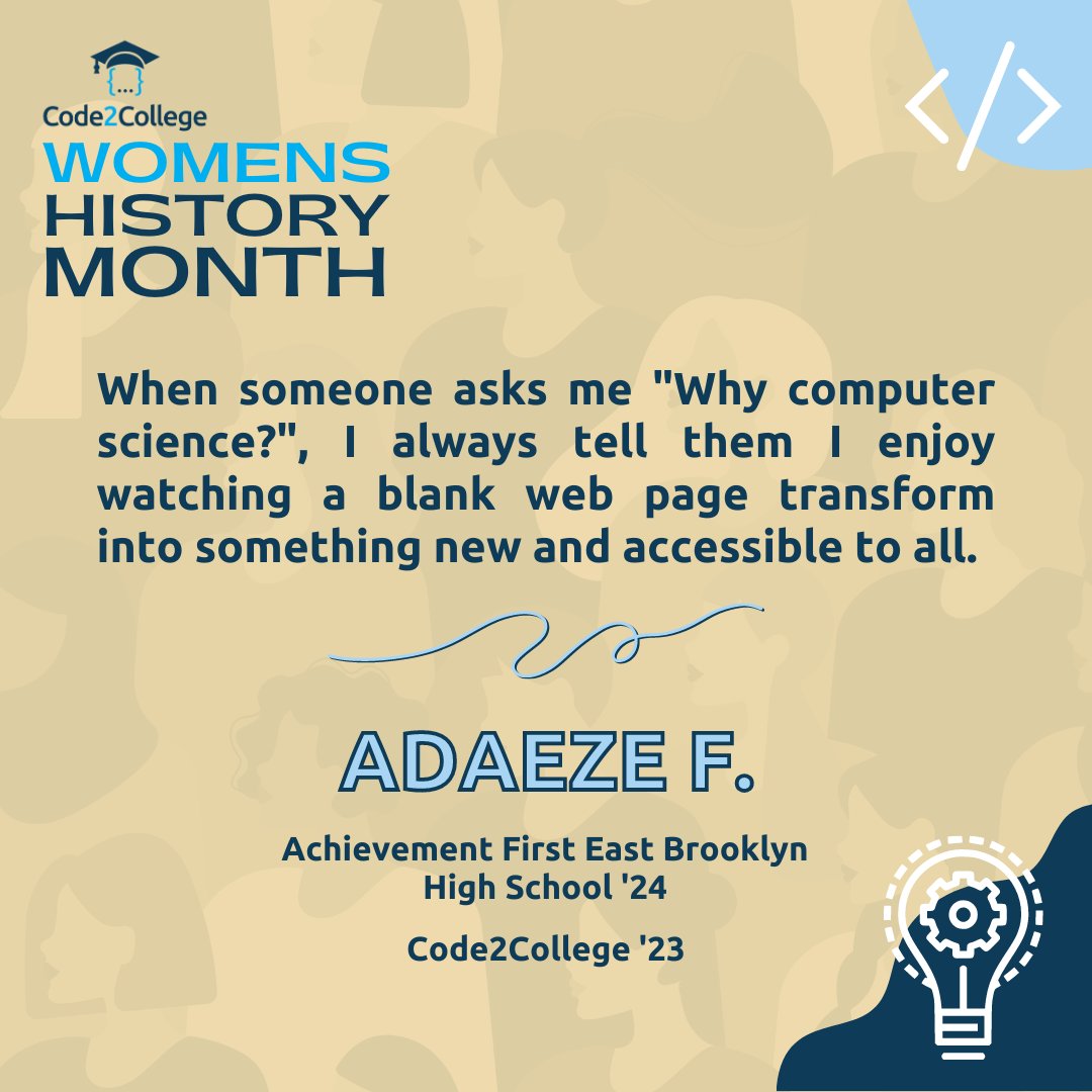 code2college's tweet photo. A #Code2College student making #WomensHistory: Adaeze F.
With #workforcedevelopment workshops, industry-informed courses, mentor sessions with #WomeninSTEM & even #volunteerism behind her, Adaeze is already interviewing with tech companies for paid internships - as a HS junior! https://t.co/BFF8kxfPZx