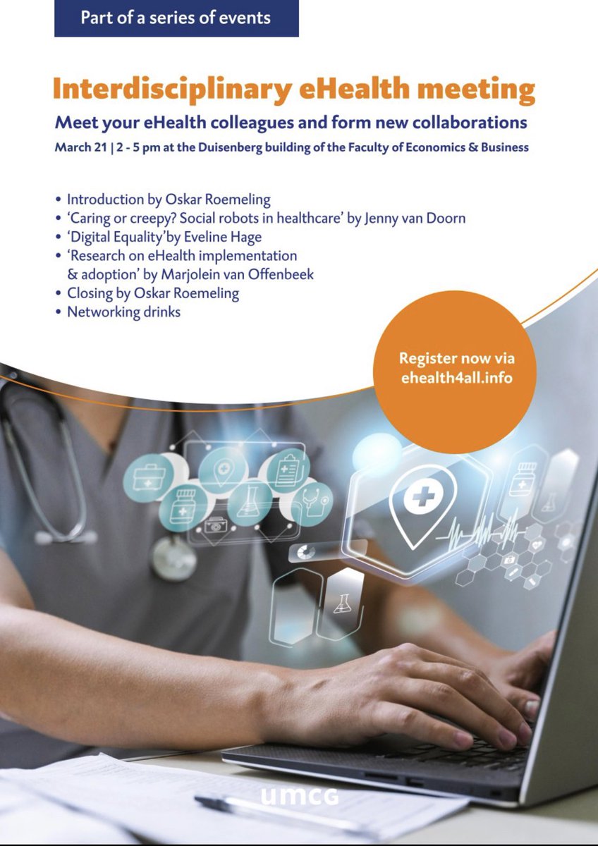 Invitation for 2th interdisciplinary eHealth meeting! For researchers and students involved and/or interested in eHealth. The aim is to learn from each other, expand your network and enjoy talks. ehealth4all.info <a href="/DASH_umcg/">Data Science Center in Health (DASH)</a> @UniGroningenFEB <a href="/AlettaJacobsSPH/">Aletta</a> <a href="/researchumcg/">Research UMCG</a>