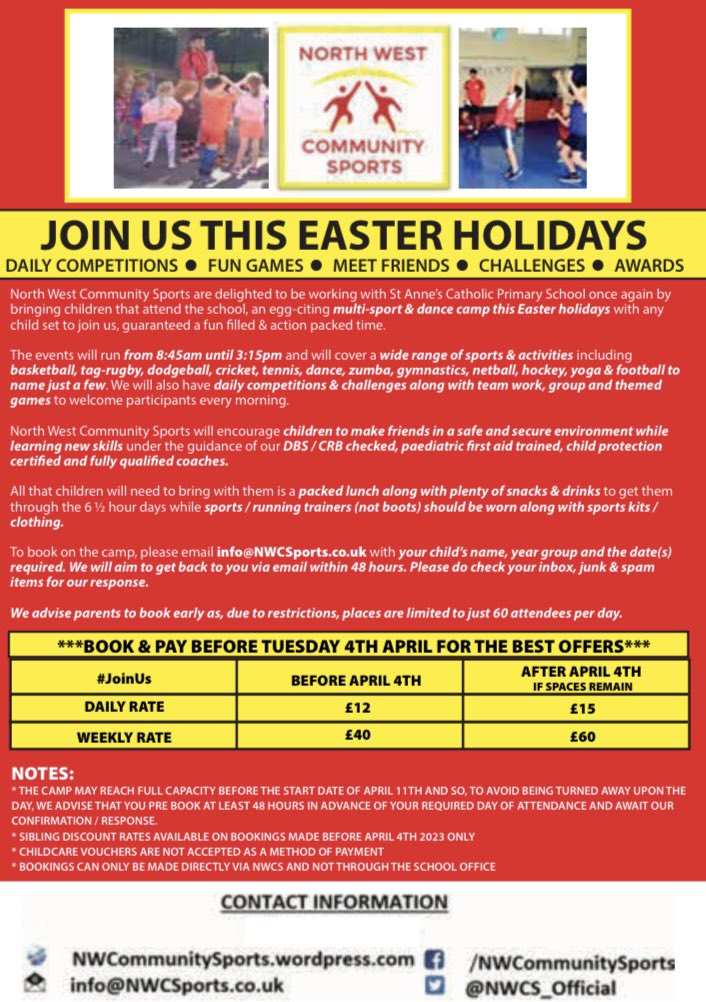 NWCS_Official's tweet photo. 👀 To #JoinUs please email your child’s details to info@NWCSports.co.uk and we will aim to get back to you with a full confirmation within 48 hours

🔘 The camps run from 8:45am-3:15pm under the guidence of DBS checked &amp; pully qualified coaches https://t.co/SEbKFabzuY