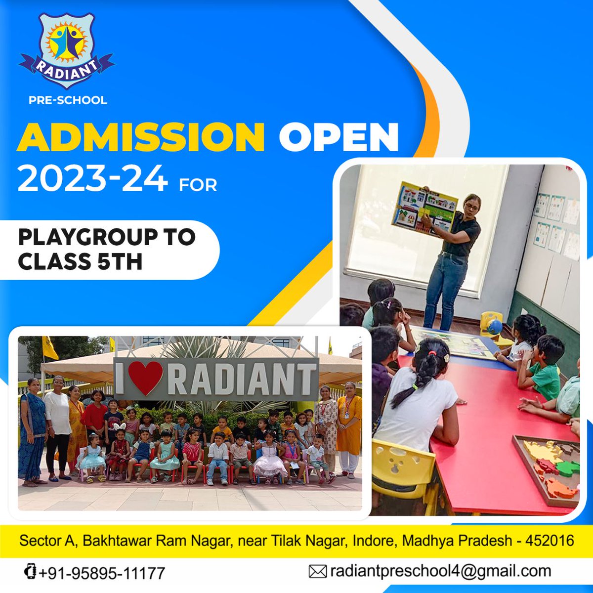radiant_pre's tweet photo. Admission Open At Radiant Pre School  From 2023-24 For Playgroup To Class 5th. 

Visit-  https://t.co/wWyomHeHDB

#preschooladmission #playbasedlearning #nurseryschool #kindergartenadmission #admissioninpreschool #preschoolinindore #admissionopen #radiantpreschool https://t.co/RLjpwefJsM