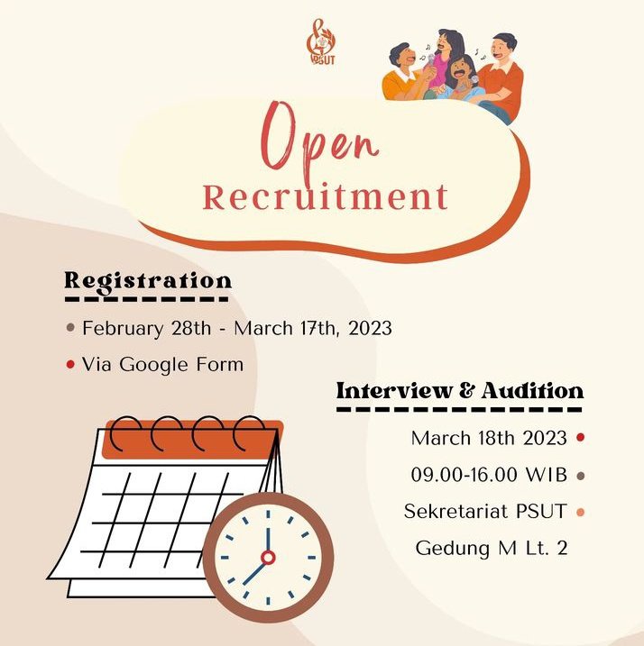 Telah dibuka open recruitmen anggota baru Paduan Suara Universitas Tarumanagara 2023!!🎉
Ayo segera daftarkan diri kamu dan menjadi bagian keluarga PSUT!!🥳