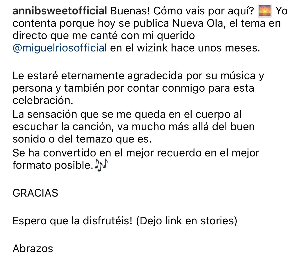 Anni B Sweet (@annibsweet) on Twitter photo 🌅 HOLA!! Ya podéis escuchar el tema que canté con <a href="/mrios/">Miguel Ríos</a> en el wizink hace unos meses.
Me hace una ilusión infinita y me siento muy agradecida por formar parte de esta celebración. 🙏🏻❤️
spotify.link/EdCyLQf9eyb 🌅 HOLA!! Ya podéis escuchar el tema que canté con <a href="/mrios/">Miguel Ríos</a> en el wizink hace unos meses.
Me hace una ilusión infinita y me siento muy agradecida por formar parte de esta celebración. 🙏🏻❤️
spotify.link/EdCyLQf9eyb
