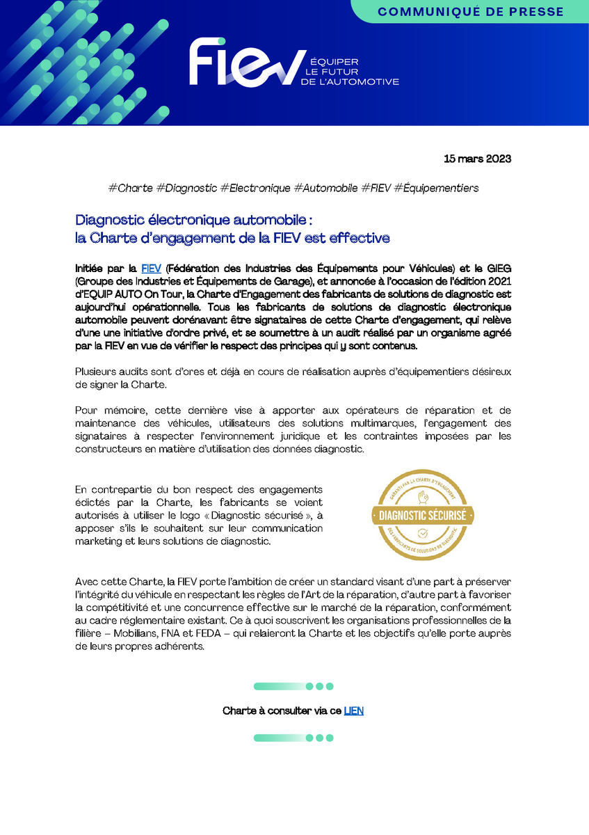 🔔 [#CommuniquéDePresse] Diagnostic électronique automobile : la Charte d’engagement de la FIEV est effective

➡ Consultez le communiqué de presse : cutt.ly/m4axs4L
