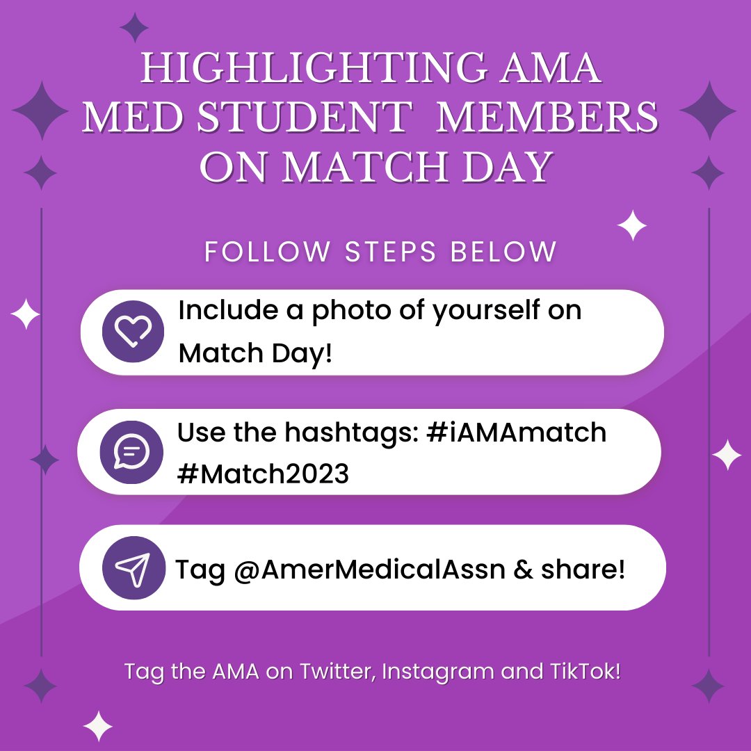 AMAmedstudents's tweet photo. HAPPY MATCH DAY to everyone who matched! Congratulations on this next step in your career!
⭐⭐ We want to highlight you! ⭐⭐
Use #iAMAmatch along with #Match2023 in your #MatchDay posts so that we can share the joy!
#MatchDay2023 @AmerMedicalAssn https://t.co/pwHpjl4mVj