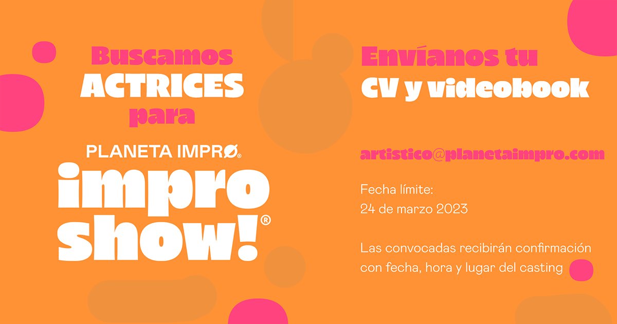 PLANETAIMPRO's tweet photo. 🎭 CONVOCATORIA DE #CASTING

✅ Actrices de entre 23 y 36 años
✅ Formación en interpretación, cuerpo y voz

👉 Se valorará:
- Nociones de técnica de impro
- Canto
- Idiomas

📩 Envíanos tu CV y videobook a artistico@planetaimpro.com

#Barcelona #actriz #actriu #teatro #impro https://t.co/FghUbJRMig