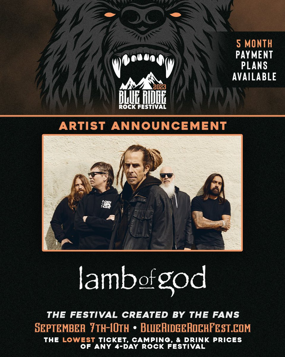 BlueRidgeRock's tweet photo. ARTIST ANNOUNCEMENT #108: @lambofgod 

Your Home-State Heavy Metal icons LAMB OF GOD are back! After winning repeated polls down the stretch, we have seen your demands and welcome a true fan-favorite back to Blue Ridge Rock Festival this September! https://t.co/Q5df8CEn4W