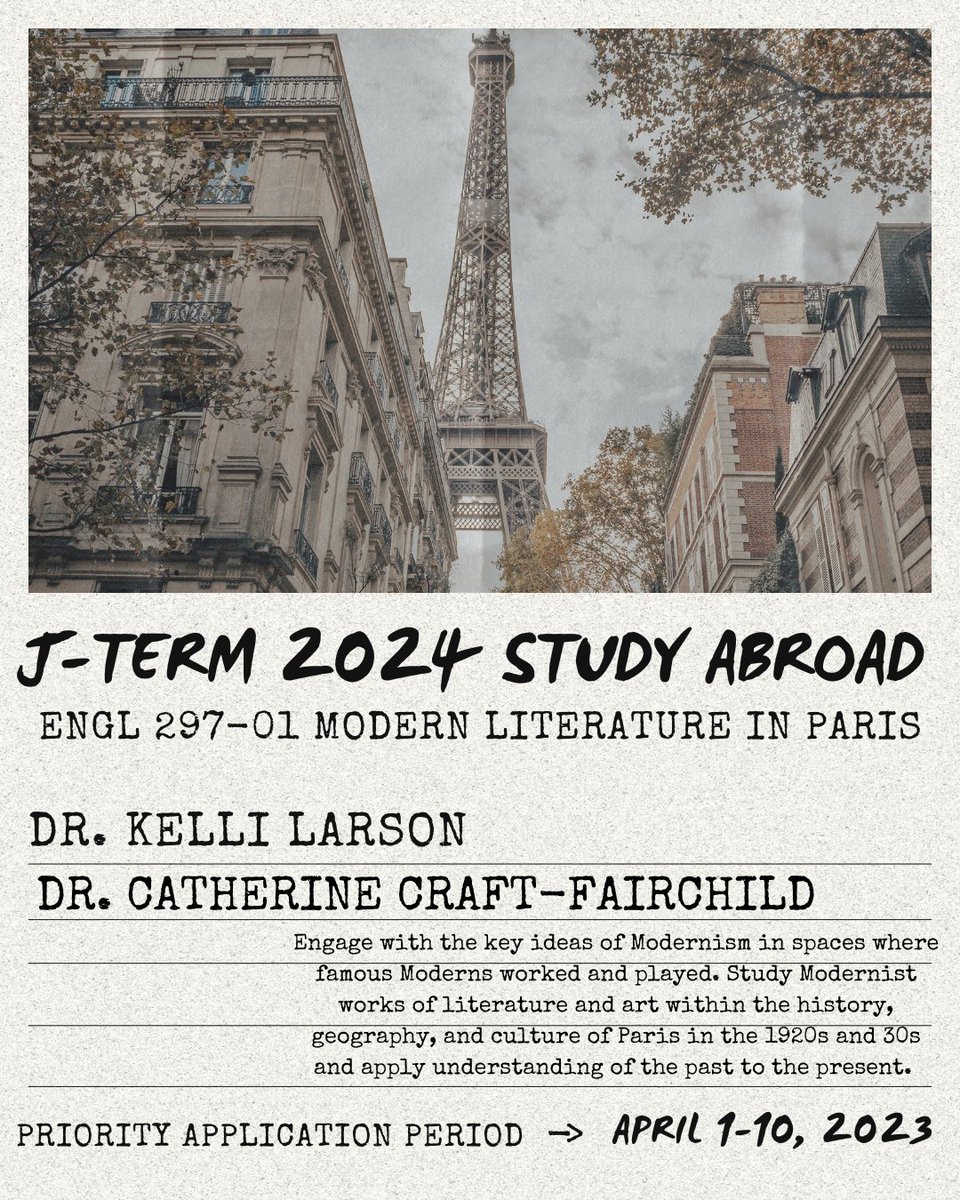 StThomasEnglish's tweet photo. Start your application for J-Term study abroad over spring break!

Join Dr. Kelli Larson and Dr. Catherine Craft-Fairchild in France for ENGL 297-01 Modern Literature in Paris!

Priority application period is April 1-10, 2023 https://t.co/S3vAfMNMPW