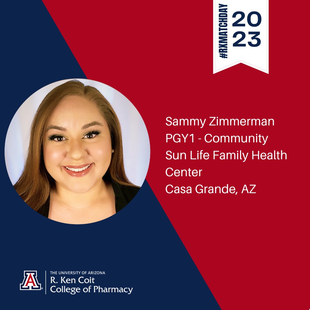 UAZPharmacy's tweet photo. Congratulations Sammy Zimmerman on your match with Sun Life Health, in Casa Grande, AZ!
"I'm excited to be part of a team of dedicated clinicians. I'm looking forward to learning as much as I can in the next year, and growing as an ambulatory care pharmacist."
#RXMATCHDAY2023 https://t.co/3NHk9WwasG