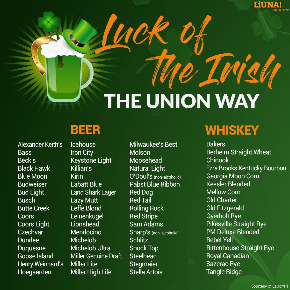 St. Patrick’s Day is today Be sure to include these #UnionMade items in your celebrations &amp; always drink responsibly, o'course.

For more great union made products, check out: <a href="/Labor411/">Labor411</a>

#StPatricksDay23 #stpatrick #paddysday #March #beer #whiskey #Union #LIUNA