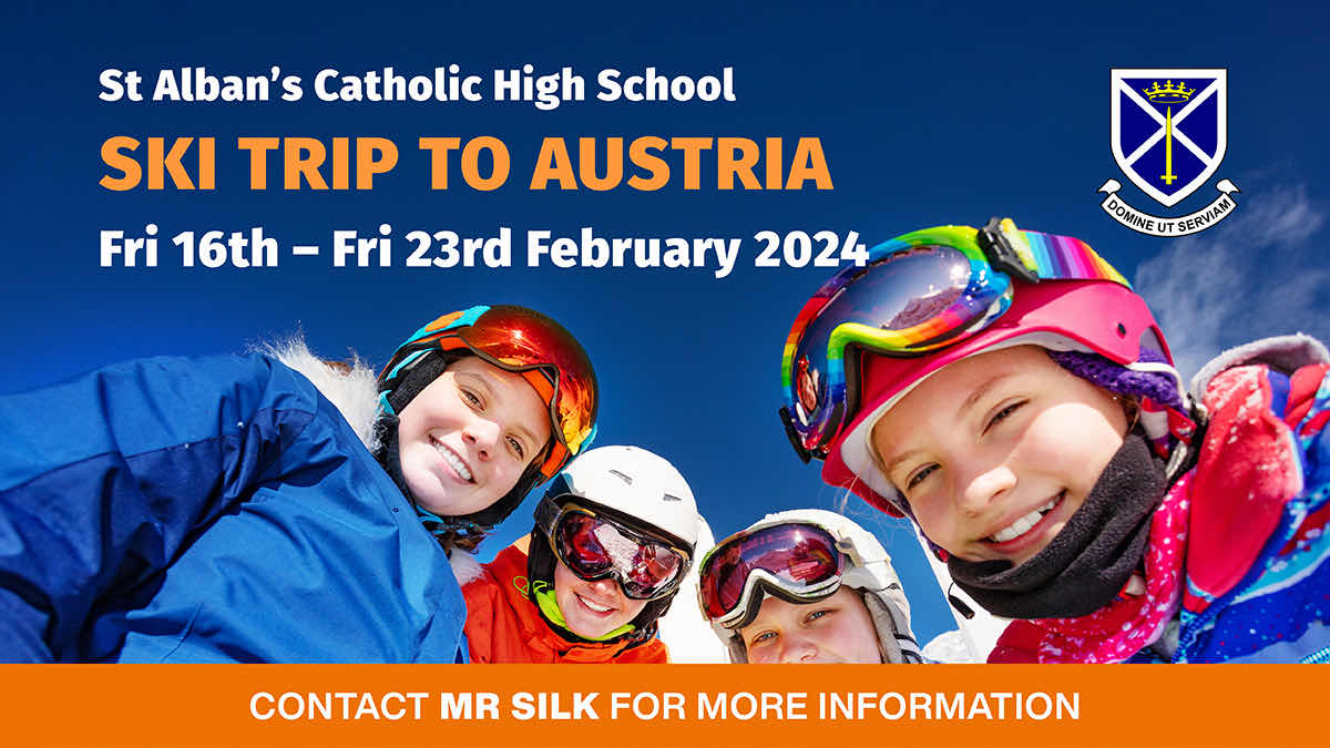 ⛷️ SKI TRIP 2024 🏔️ - Join the launch meeting with Mr Silk online at 6pm on Tuesday 21st March for more information.
Check ParentMail or student email for information on how to join the meeting. To secure your place, a deposit can be paid on ParentMail from 7pm after the meeting.