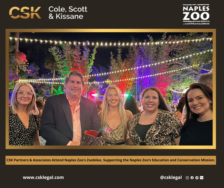 CSKLegal's tweet photo. Cole, Scott & Kissane, P.A. is a proud sponsor of Naples Zoo and Caribbean Gardens.
Bonita Springs & Ft. Myers Partners and Associates attended Naples Zoo’s wildest party, Zoobilee, supporting the Naples Zoo’s education and conservation mission.
#CSKCares #Zoobilee #NaplesZoo https://t.co/wKqMfftLVC