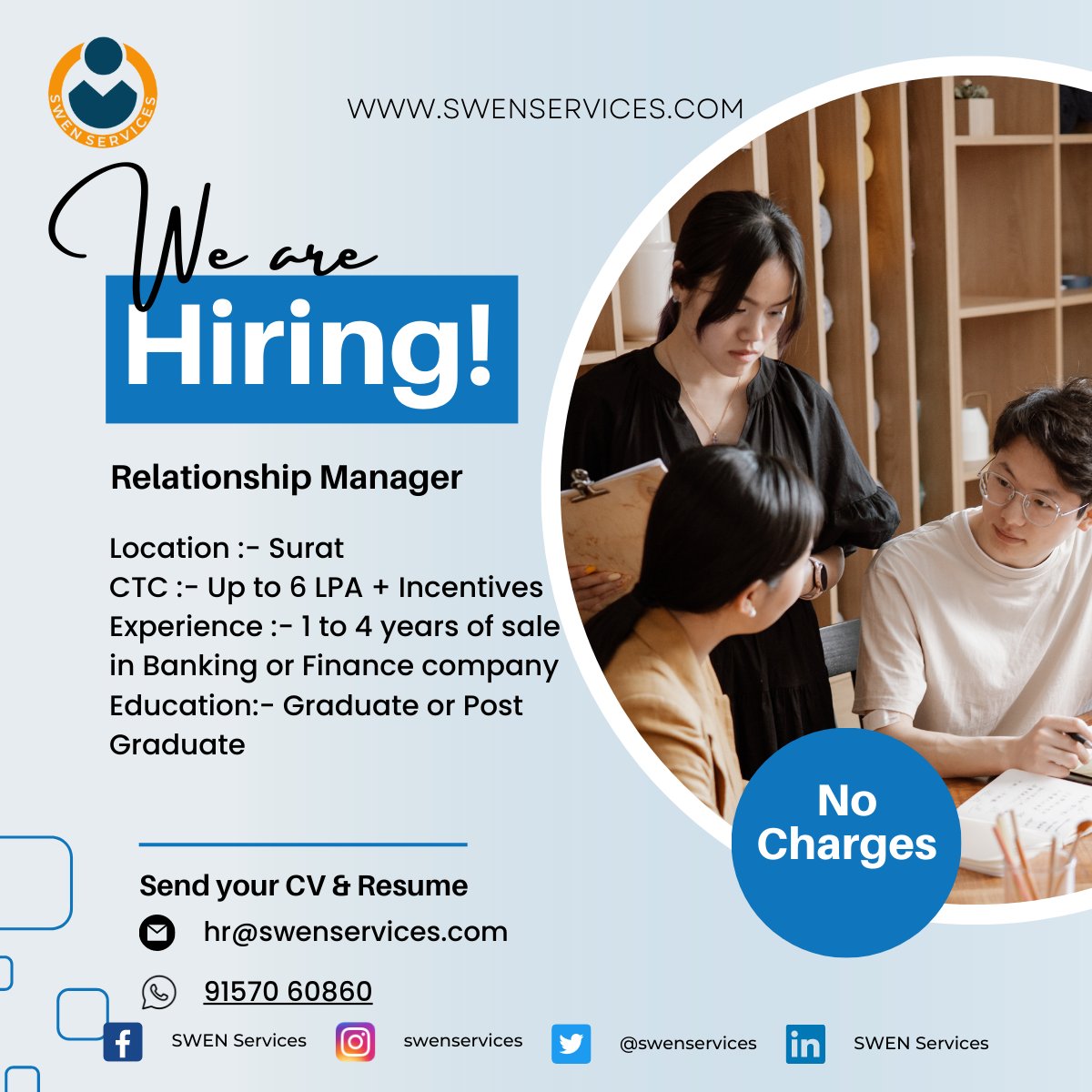 Swenservices's tweet image. #hiring 
Grab your chance to get hired by best in class #financial company.
#getjob free of cost, #nocharges #nocommission #nofees #noregistration 
Send your CV on hr@swenservices.com or share CV in WhatsApp on 9157060860 for more details.
#surat #suratjobs #bankingjobs