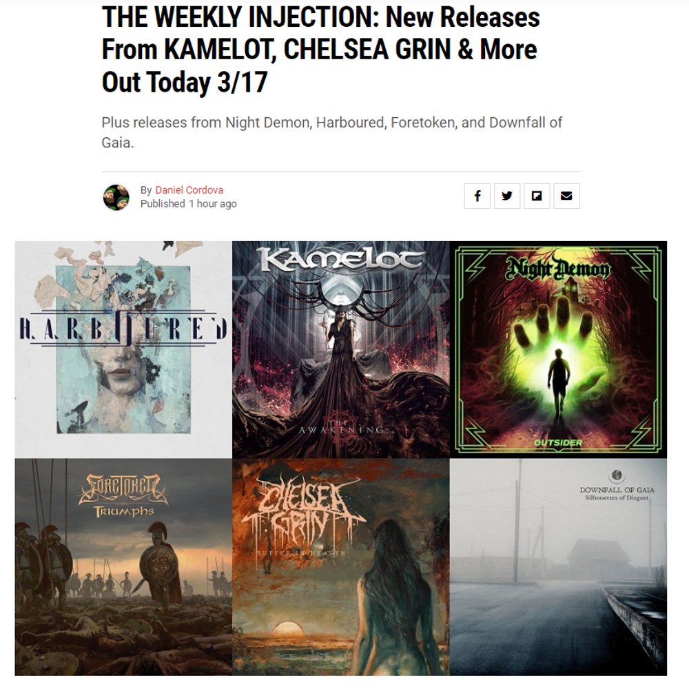 Metal Friday:  It's that time of the week again, folks.  Some new music for your ear holes. 

bit.ly/3Lsbsmx

#kamelot #chelseagrin #nightdemon #harboured #foretoken #downfallofgaia #deathcore #powermetal #heavymetal #canadianmetal #sludge #melodicdeathmetal #melodeath