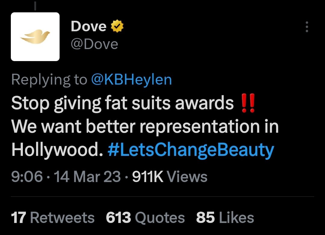 Hi @dove 
I'm blocked yes.
But here's a re-post of your very innappropriate post from the other day which you've still not explained why.
#Dove
#FatSuits
#LetsChangeBeauty