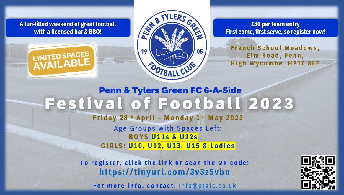penntgfc's tweet photo. Last chance to be a part of our Annual football tournament, taking place at French School Meadows ⚽️💙💙 #wearepenn #pennandtylersgreenfc https://t.co/KFyCZfq7Mu