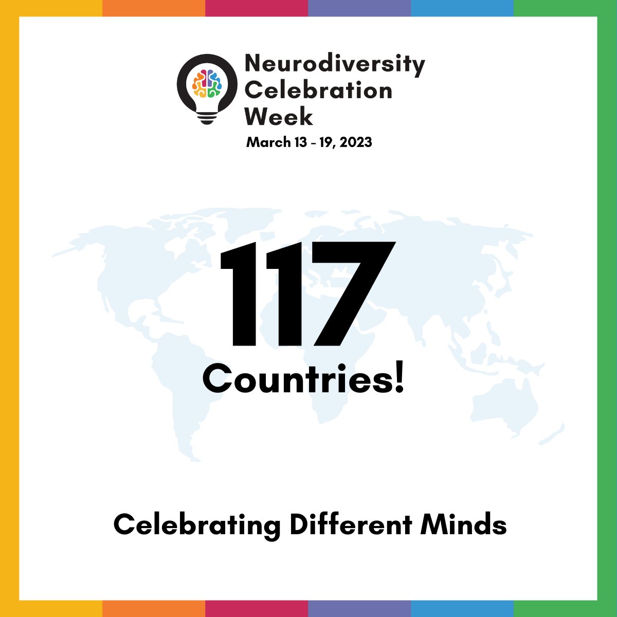 It's Day 5 of Neurodiversity Celebration Week! 🎉

It's amazing to see thousands of people around the world celebrating different minds.
 
NCW has reached over 100 countries (and counting!), thank you to all for supporting and participating in this global movement🌟

#NCW