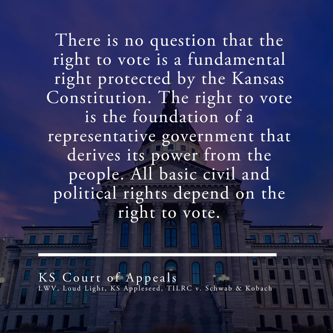 ⚖️VOTING IS A FUNDAMENTAL RIGHT IN KANSAS ⚖️
We are thrilled the Kansas Appeals Court has unanimously ruled in our favor finding that any restriction on voting must pass the highest level of scrutiny.