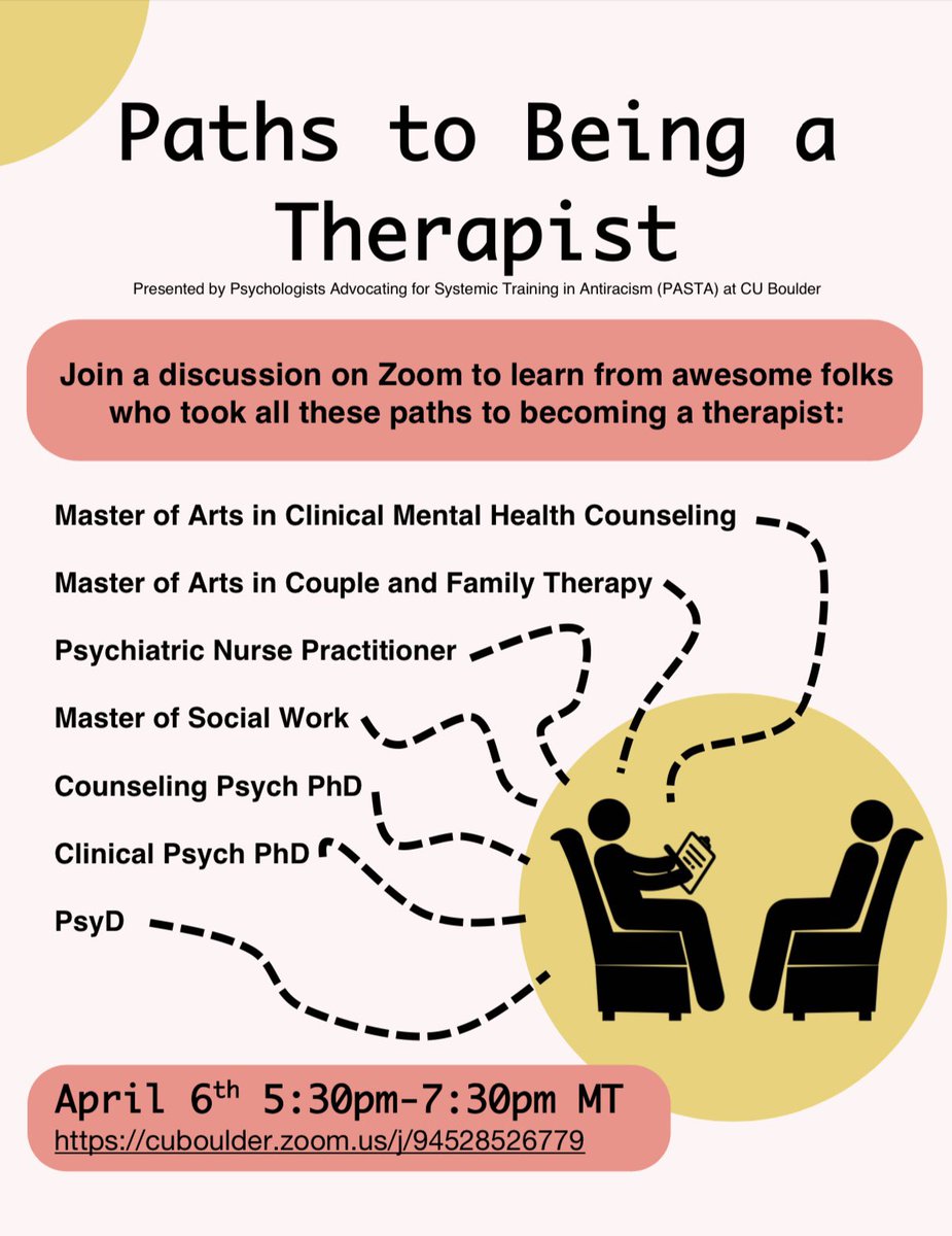 Interested in becoming a therapist or counselor but don’t know where to start? Join us on Thursday, April 6th at 5:30pm Mountain Time for a free virtual panel with folx who took a range of paths to being therapists (e.g., PhD, PsyD, MSW, NP). Everyone welcome!