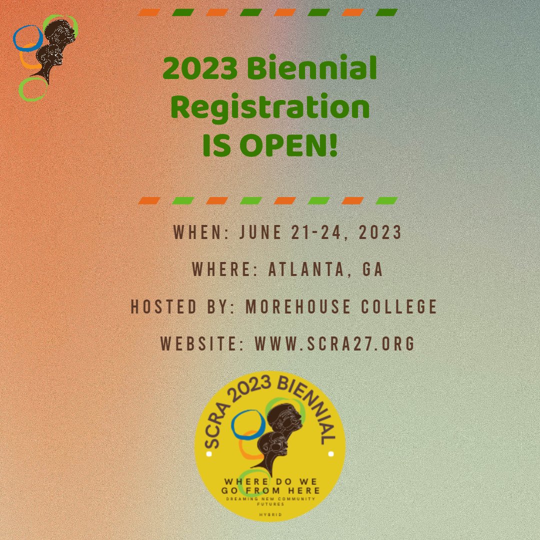 scra's tweet photo. After a long wait...Biennial Registration is Open!!! Join #SCRA2023 in Atlanta for "Where Do We Go From Here: Dreaming New Community Futures." Registration is here: https://t.co/l3leoZTy5q #ATLSCRA #CommPsy #communitypsychology https://t.co/ahRob4mQO8