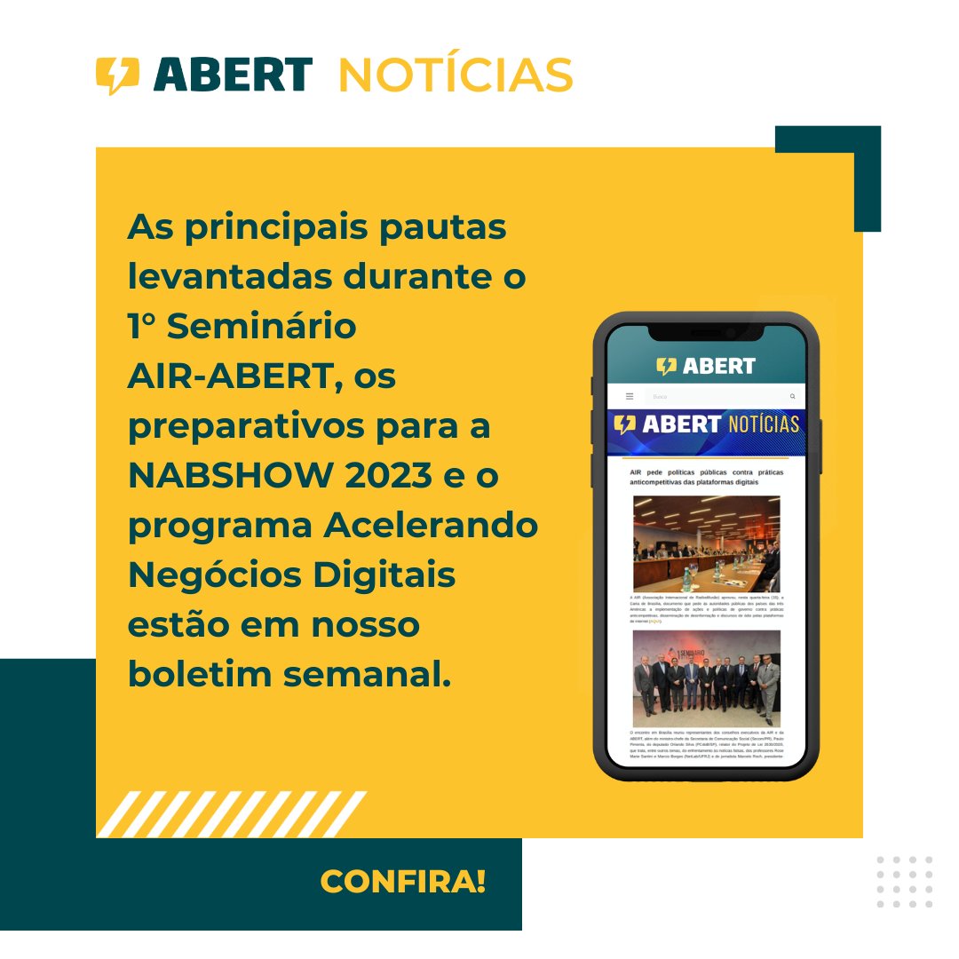 abertbr's tweet photo. Hoje é dia de ABERT Notícias ⚡
Fique por dentro das notícias mais importantes sobre o Rádio e a TV clicando no link da bio 📲
#ABERT #radiodifusão #rádioetv #NABShow #NABShow100 #eradigital https://t.co/fSZrbGS4eT