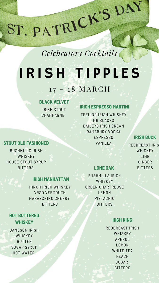 Some wonderful Celebratory Cocktails for St Pats - join us for a tipple