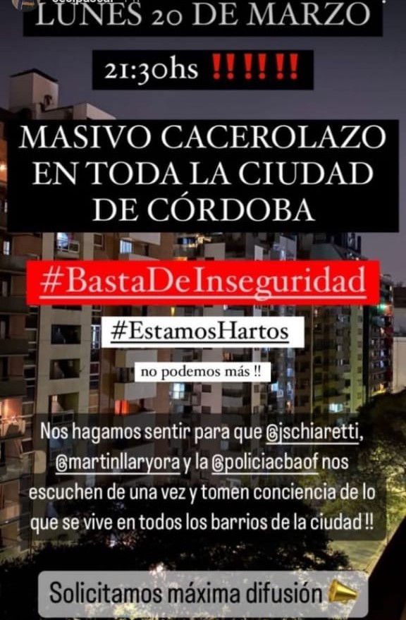 Atención: Lunes 20/03, 21.30 hs. Cacerolazo en la Ciudad de Córdoba. #BastadelaInseguridad