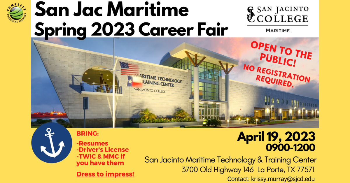 Mark Your Calendar! Spring Maritime Career Fair on April 19 at the San Jacinto Maritime Technology and Training Center, La Porte, TX. Stop by our booth. Interview on the Spot!

Multiple Openings.

Apply today - clogistical.com

#gettoworkfast #maritimejobs #clogistical