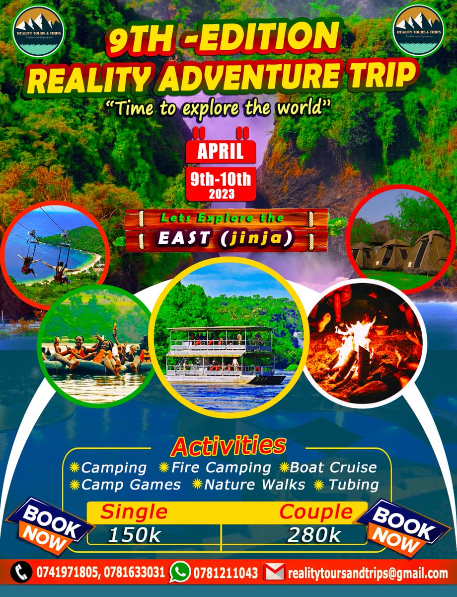 Don't miss out on this April plot. Join  Reality Adventures and explore Jinja with lots of activities
Call 0741971805 or 0781633031 and Book your slot now at 50k only
#9thEdition