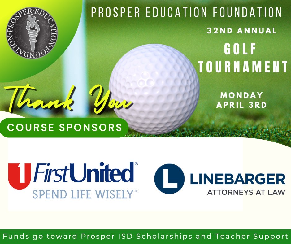 ProsperEdFound's tweet photo. Thank you, First United Bank and Linebarger Attorneys At Law for being a course sponsor in our 32nd Annual PEF Golf Tournament. We are looking forward to a great event that is possible with generous donors like you! #firstunitedbank #linebargerattorneysatlaw https://t.co/PF9OoYYGNb