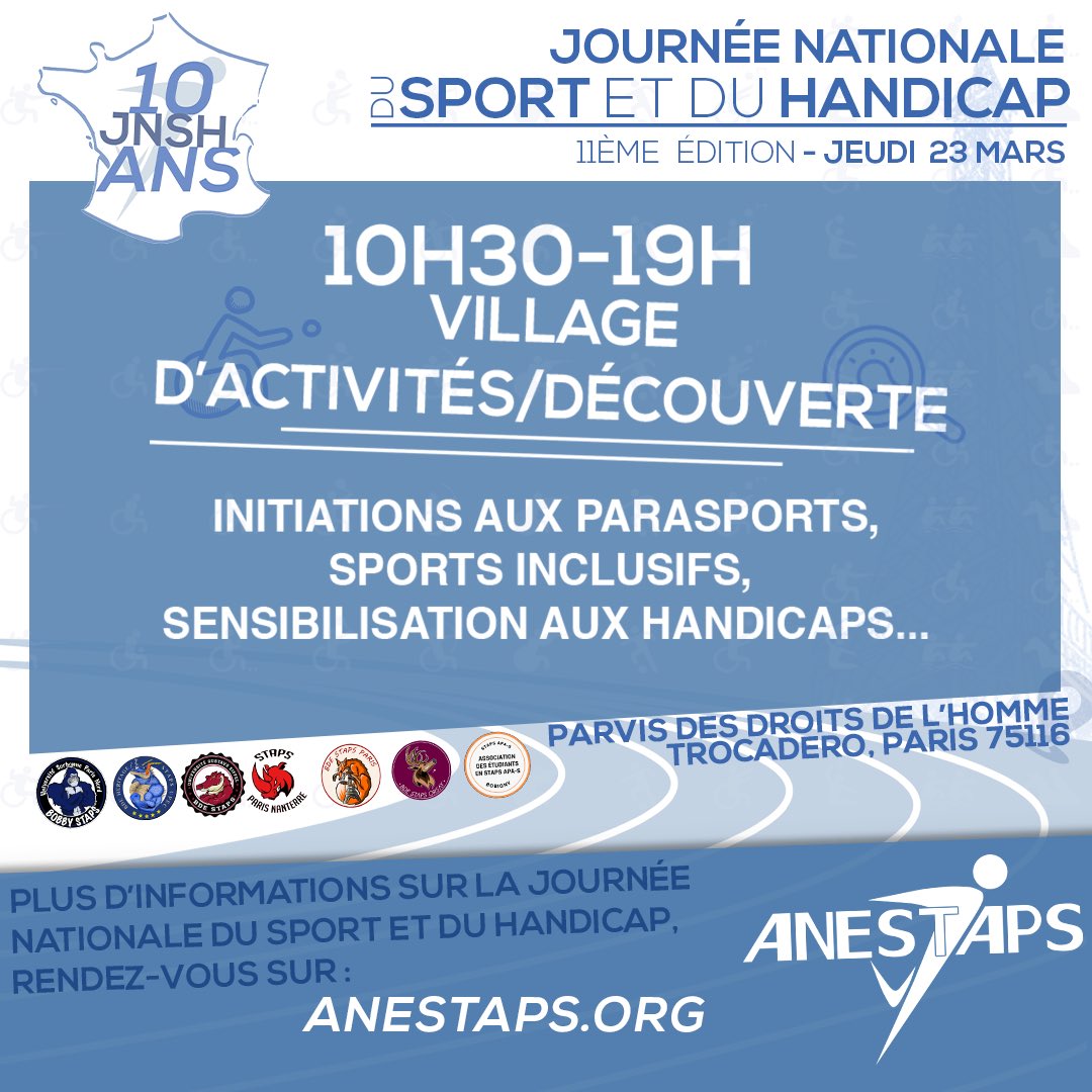 JNSHandicap's tweet photo. [#JNSH2023 🦾] 

Le 23 mars la @JNSHandicap s’installe sur le 📍Parvis des Droits de l’Homme, Trocadéro 75116, Paris 🙌

Initiations aux parasports🦾, sports inclusifs🤝 et sensibilisation💬aux handicaps vous attendent ❕

🗓️ RDV le 23 mars❕
⌚️De 10h30 à 19H
#SAVETHEDATE https://t.co/c8gmiFMLxO