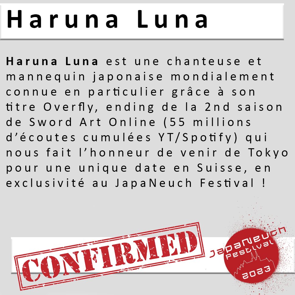 japaneuch's tweet photo. Nous avons le grand plaisir de recevoir vendredi 23 juin la chanteuse Haruna Luna pour son unique concert en Suisse ! 
Vous vous réjouissez ? Nous ouiiiiiiii !

#japaneuch #japaneuch2023 #concert #jpop #harunaluna #swordartonline #music #switzerland #neuchatel #manga #anime https://t.co/QkfF9NaXvo
