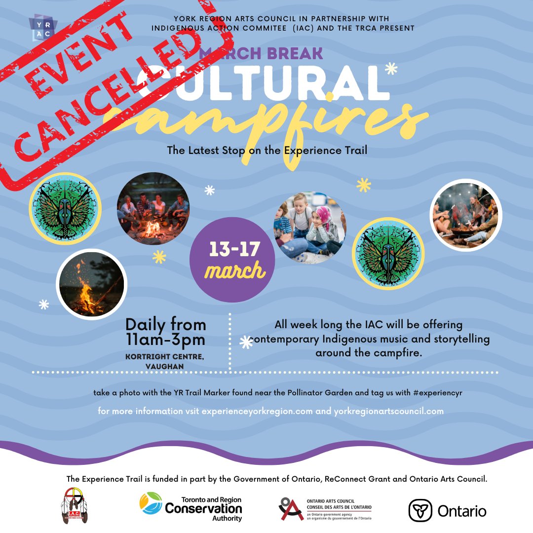 Due to the weather, today's edition of Cultural Campfires has been canceled until further notice. Thanks to everyone who joined us throughout the week. 

#YRArts #artist #ExperienceYR #YorkRegion