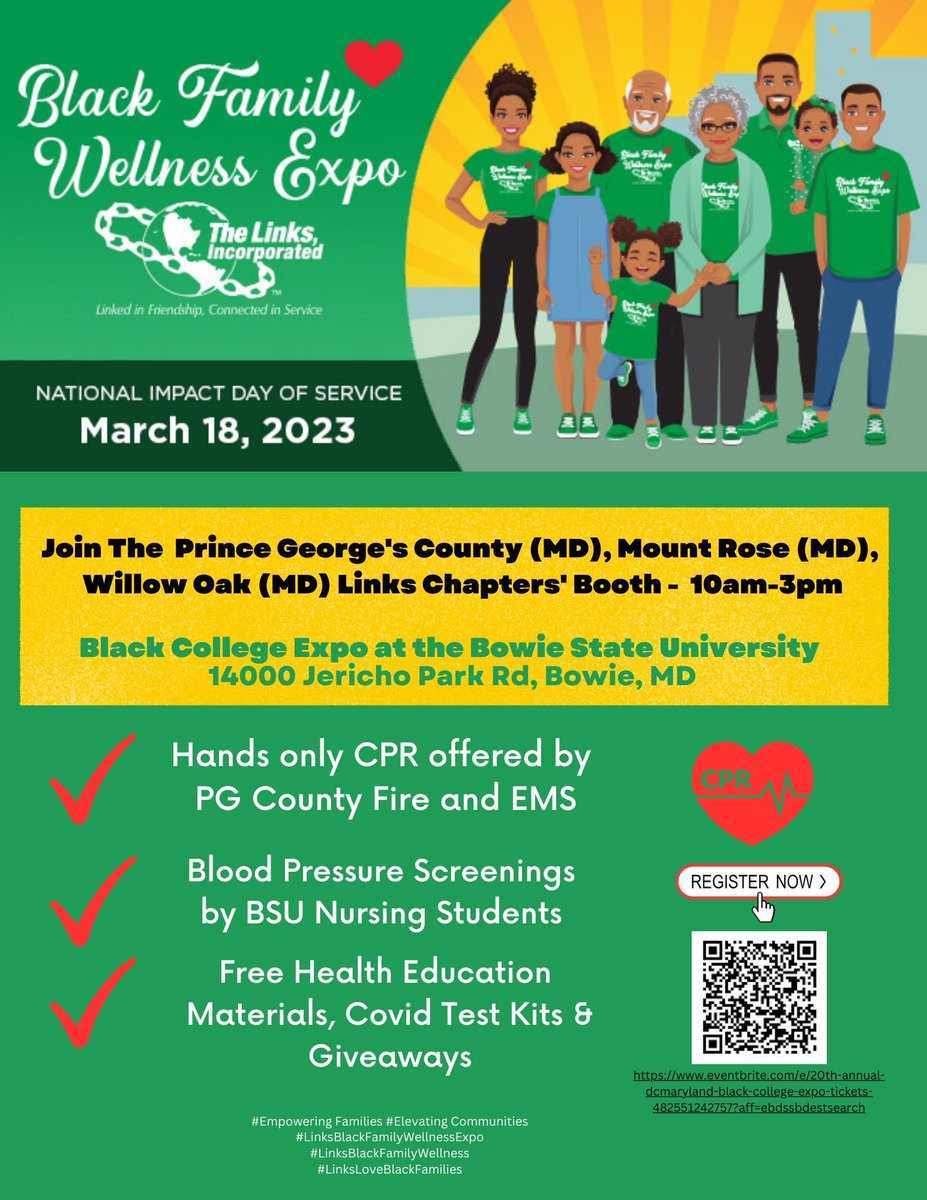 🔊Please join the Prince George’s County area chapters of The Links, Incorporated for our Black Family Wellness Expo at <a href="/BowieState/">Bowie State University</a>, Sat., March 18, 10am - 3pm EST 🩺❤️ #pgclinks <a href="/MountRoseLinks/">Mount Rose (MD)</a> #willowoaklinks #linksinc #ealinks <a href="/EArealinksinc/">easternarealinks</a> <a href="/linksinc/">The Links, Incorporated</a>