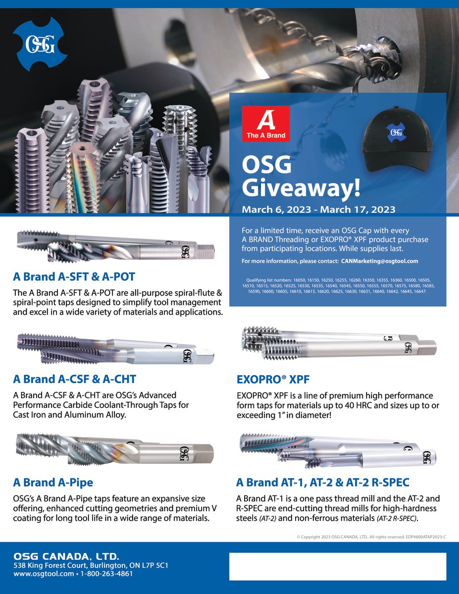 Today is the last day to receive a FREE OSG Cap with your A Brand Threading/EXOPRO XPF product purchase!

Don't miss out!

Canada only.
*While supplies last!*

#giveaway #osgcanada #abrand #cuttingtools #taps #threading #manufacturing