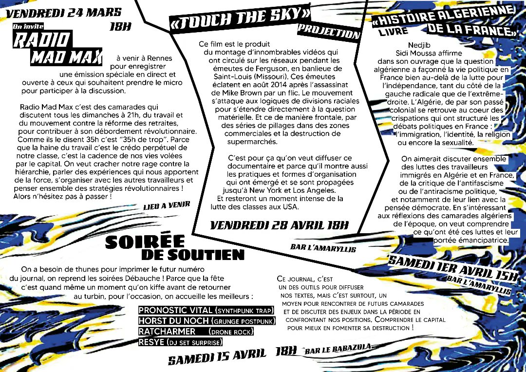 Notre programme pour fin mars et avril !

4 événements avec dès la semaine prochaine une émission de radio avec les camarades de Radio Mad Max !