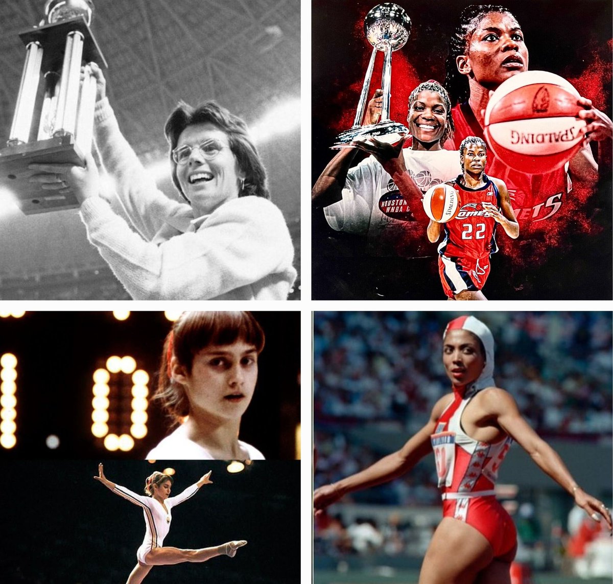 Some Game Changers!💥
-Billy Jean King🎾 won 'The Battle of the Sexes'
-Sheryl Swoops⛹️🏾‍♀️ 1st player signed by WNBA
-Nadia Comaneci 🤸‍♀️1st gymnast to score a perfect 10.0
-Flo Jo 🏃🏾‍♀️ combo of 🌎 records & 🔥 fashion trendsetter 💅💄 
#WomensHistoryMonth
#WomenInSports #BossLadies