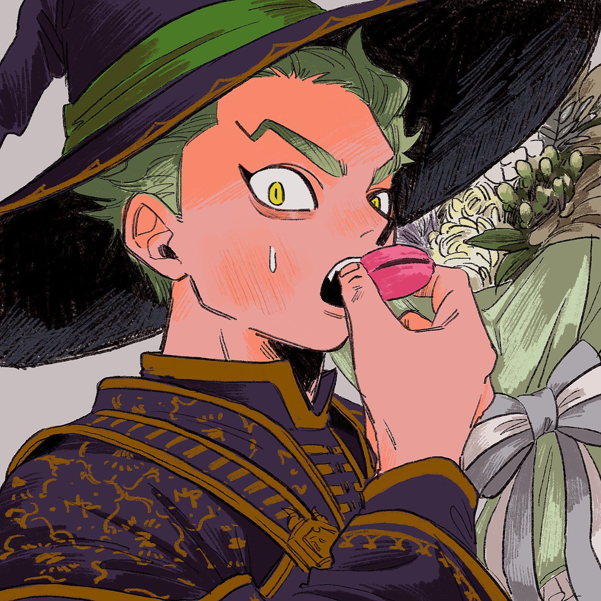 1boy male focus hat green hair solo witch hat flower  illustration images