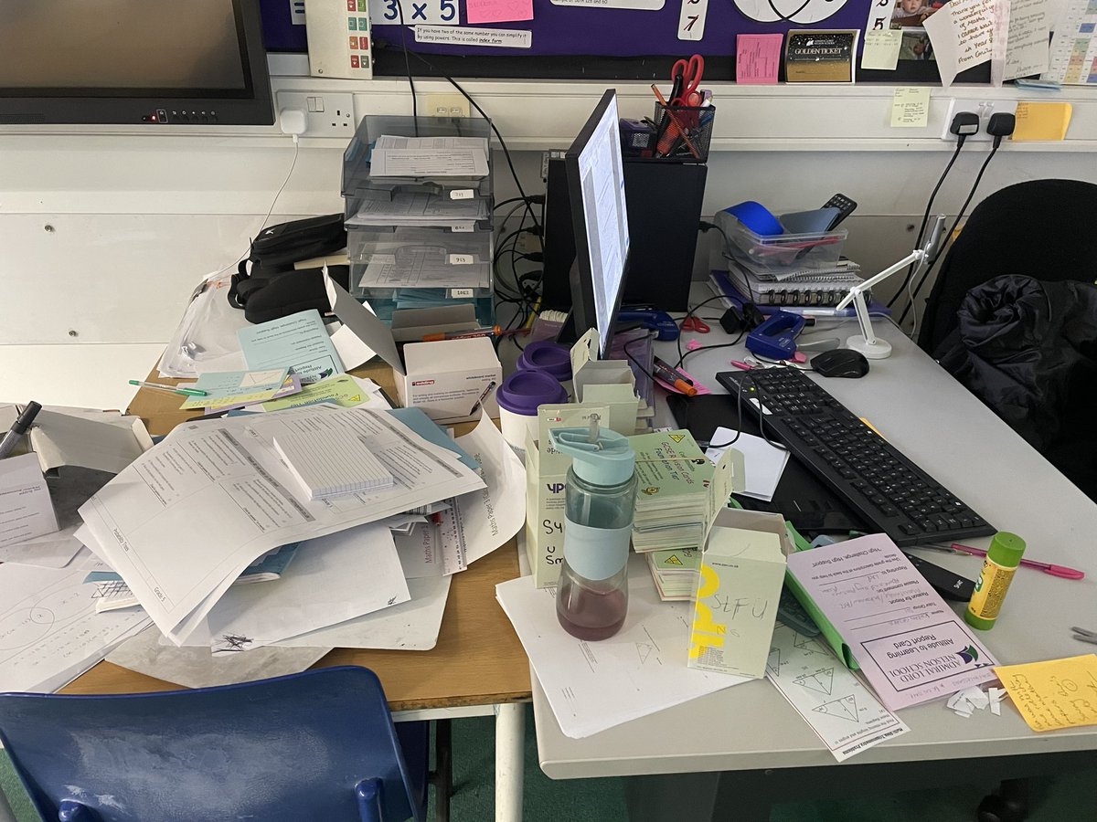 VowlesPoppy's tweet photo. Look how my desk has been left whilst I’ve been covered- off unwell. What a lovely return! 😒 https://t.co/Tt8mJLEYtu