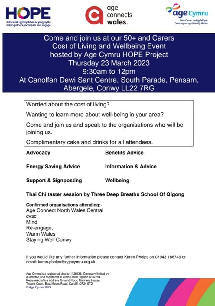 dewisant4's tweet photo. Cost of Living and #Wellbeing Event here at Canolfan Dewi Sant Centre, #Pensarn #Abergele on Thursday 20th March. For Over 50s and Carers.  #Costofliving https://t.co/yM60AQviM2