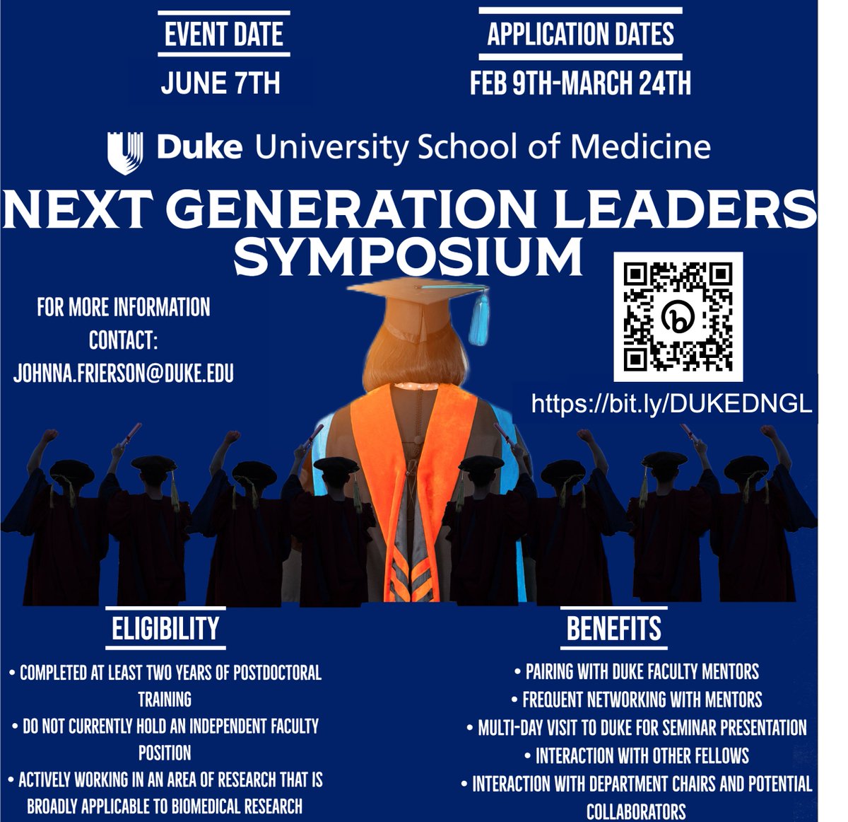 Good morning, all! 2 important updates to share!
1. The DNGL symposium has been moved to June 7, 2023! App deadline remains 3/24/23
2. Please visit bit.ly/DUKEDNGL for program info &amp; app link.
Flyer w/new date &amp; link below!
<a href="/DukeMedSchool/">Duke University School of Medicine</a> @BWFund #NIHMOSAIC #HannaGray