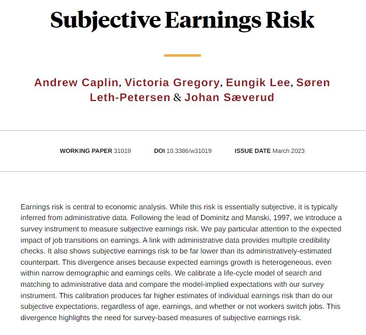 NBER (@nberpubs) on Twitter photo Subjective earnings risk is far lower than previously believed, from Andrew Caplin, Victoria Gregory, <a href="/eungiklee/">Eungik (Eun) Lee</a> Søren Leth-Petersen, and Johan Sæverud nber.org/papers/w31019 Subjective earnings risk is far lower than previously believed, from Andrew Caplin, Victoria Gregory, <a href="/eungiklee/">Eungik (Eun) Lee</a> Søren Leth-Petersen, and Johan Sæverud nber.org/papers/w31019