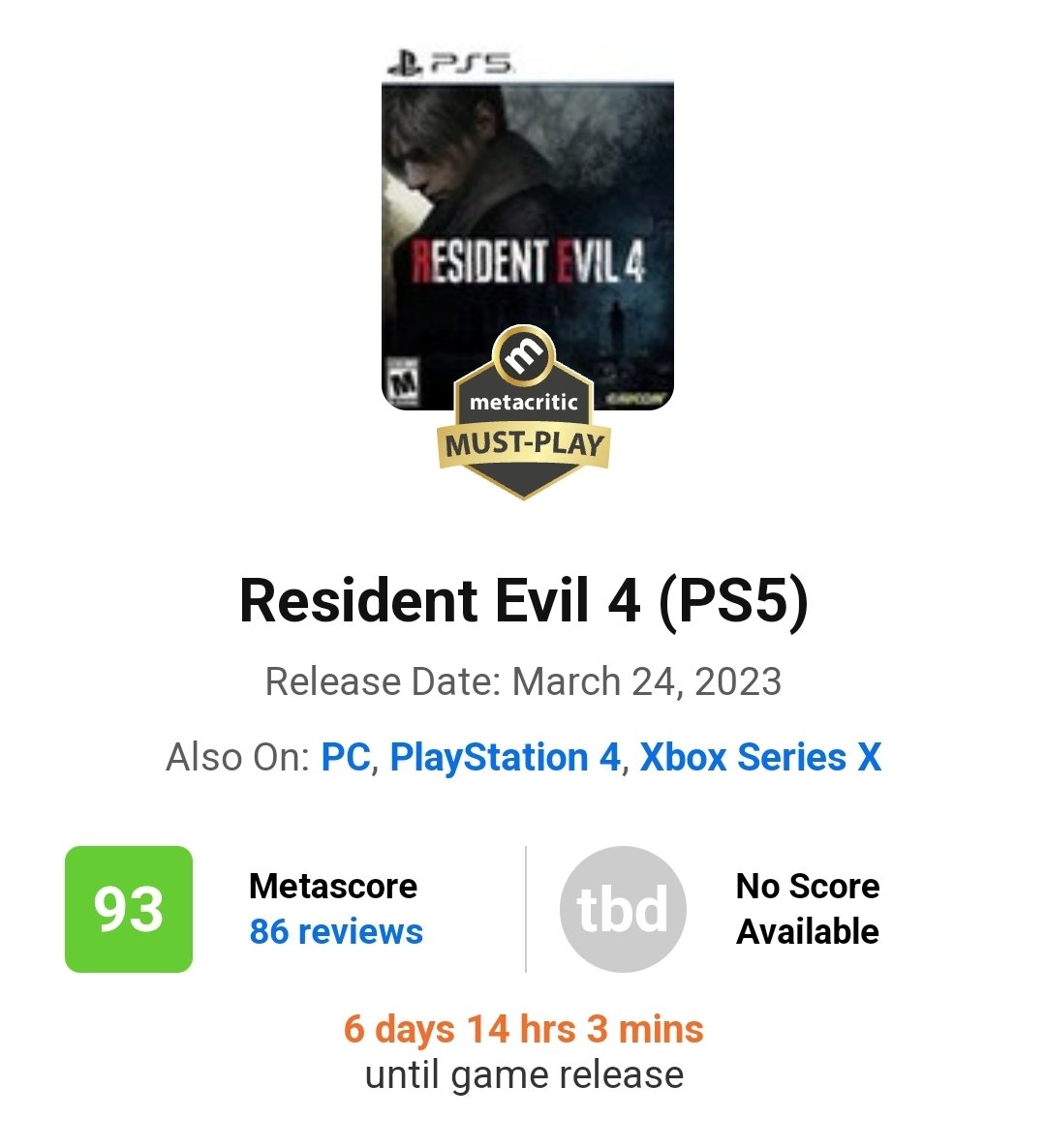 metacritic on X: Resident Evil 4 remake comes out March 24th, and you can  expect reviews late next week:  Any early Metascore  predictions for this one?  / X