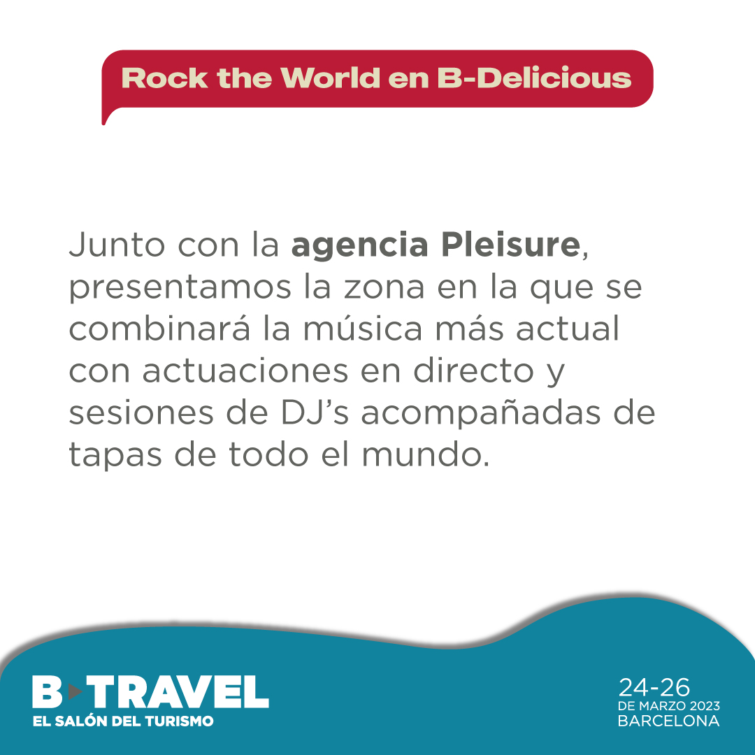 SalonBTravel's tweet photo. Presentamos el nuevo espacio Rock the World 🎸
Una zona en la que se combinará la música más actual con actuaciones en directo y sesiones de DJs 🎧 mientras pruebas comidas y tapas de todo el mundo.
Visita nuestra zona #BDelicious!
#BTravel #DondeEmpiezaTuViaje #salondeturismo https://t.co/geSvj9nbZM